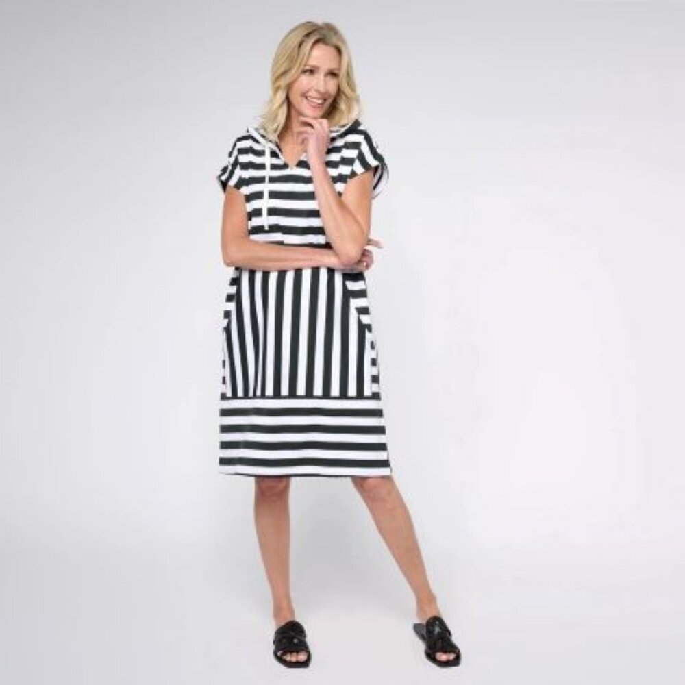 ATTITUDES BY RENEE OVERSIZED TERRY HOODIE DRESS, BLACK & WHITE, REG LARGE, NWT